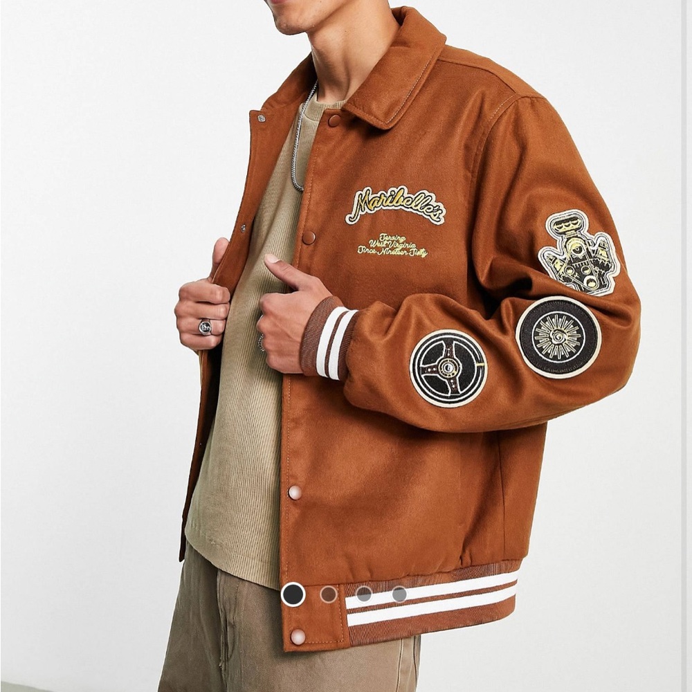 ASOS DESIGN varsity bomber jacket in tan (new worn only once)
